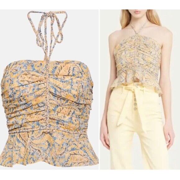 VERONICA BEARD Arienne Paisley Silk Halter Top Ruched Peplum Yellow Braid Sz 16